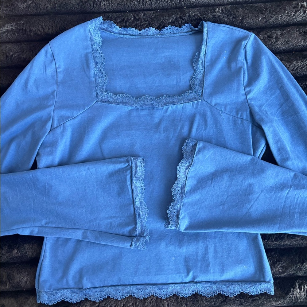 Blue Long Sleeve Top with Lace Trim